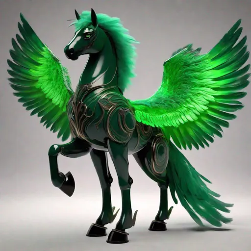 Prompt:  small twisted pegasus animatronic hybrid, with focused emerald eyes. They identify as a Male. Emerald colored feathery wings and tail. dark Green ombre mane and tail. UHD, HD, 4K, green haze, green and black coat, anime