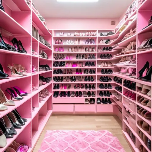 Prompt: pink high heels, sitting on a pink shelf, in a pink walk-in closet filled with lots of other pink shoes