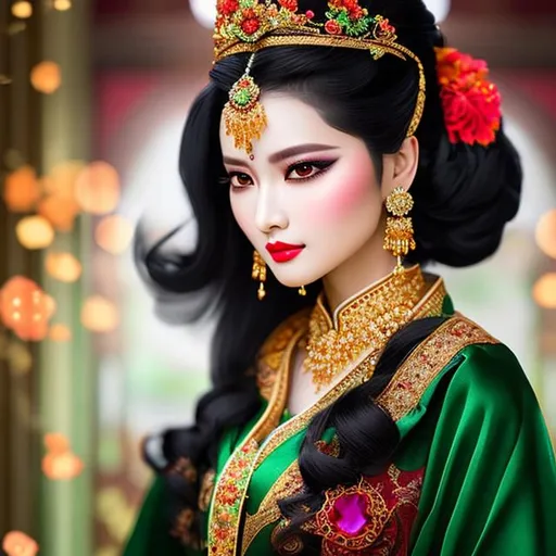 Prompt: beautiful oriental empress, long black hair, gold tiara adorned with red and green gems, perfect detailed face photo-realistic, ultra-realistic, hyper-realistic, ethereal random color Power Rage, 3d anime style vector, 3d full shot, standing pose, abstract alcohol ink, Artwork styles, highly detailed, intricately designed traditional Mandarin gown, detailed symmetric beautiful green eyes, highly detailed gorgeous face, dynamic pose, ethereal, in the style of artists like Russ Mills, Darek Zbaracki, Ivan Saakashvili, Jean-Baptiste Monge. Ink Dropped in water, splatter drippings, paper texture, pulp Manga, and perfect shading, with dramatic lighting. The artwork should be centered, stylized, and elaborate. rendered in 8K resolution for high-quality detail, artstation, concept art, smooth, sharp focus, illustration, highly detailed, soft natural volumetric, 30 yrs