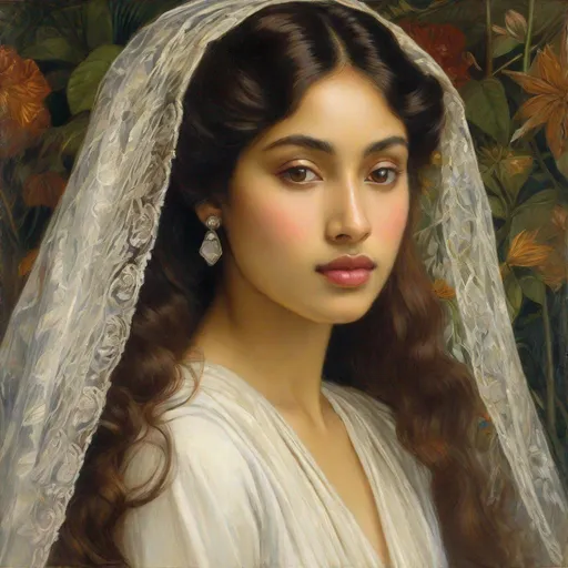 Prompt: half body, pretty young Indonesian woman, 25 year old, (round face, high cheekbones, almond-shaped brown eyes, small delicate nose), white houppelande,  white open veil, character portrait by Elizabeth Polunin, featured on cg society, pre-raphaelitism, pre-raphaelite, enchanting, elegant, masterpiece, intricate detail