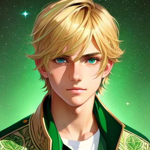 Prompt: Upper body portrait of Link, 17 years old, Blonde hair, tan skin, green jacket, Green cap, intricate, detailed face. by Ilya Kuvshinov and Alphonse Mucha. Dreamy, sparkles