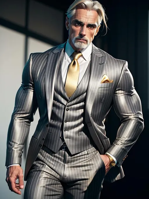 Prompt: perfect composition, {40 year old}, extremely muscular {Jeremy Irons} as a bodybuilder, wearing {grey pinstriped three piece suit}, {golden blonde hair}, extra masculine, peak fitness, asymmetric scars, determined expression, 8k eyes, detailed face, wlop, stanley artgerm lau, artstation, hd, octane render, hyperrealism intricate details, 8k, cinematic volumetric light, proportional, art trending on artstation, sharp focus, studio photo, intricate details, highly detailed, intricate artwork masterpiece, ominous, intricate, epic, trending on artstation, highly detailed, vibrant, production cinematic character render, ultra high quality model, 