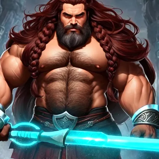 Prompt: Muscular, tanned Dwarf with dark red hair and fine strands of grey between them, jade eyes, huge, braided beard, huge hammer.