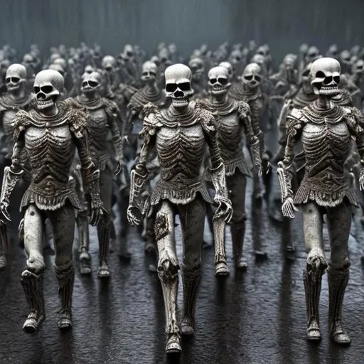 Prompt: Army of skeleton warriors ultrarealistic in rain