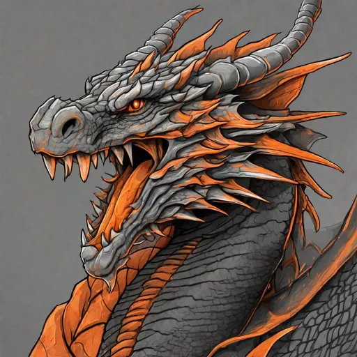 Prompt: Concept design of a dragon. Dragon head portrait. Coloring in the dragon is predominantly dark gray with bright orange streaks and details present.