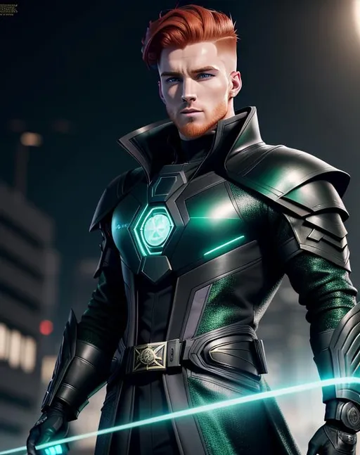 Prompt: perfect composition, {25 year old}, lean redhead {irish man}, wearing futuristic {black future tech noble's robes}, {coat of arms on clothes}, {buzz cut spiked hairstyle}, {green eyes}, extra masculine, peak fitness, determined expression, looking at viewer, 8k eyes, detailed face, wlop, stanley artgerm lau, artstation, hd, octane render, hyperrealism intricate details, 8k, cinematic volumetric light, proportional, art trending on artstation, sharp focus, studio photo, intricate details, highly detailed, intricate artwork masterpiece, ominous, intricate, epic, trending on artstation, highly detailed, vibrant, production cinematic character render, ultra high quality model, 