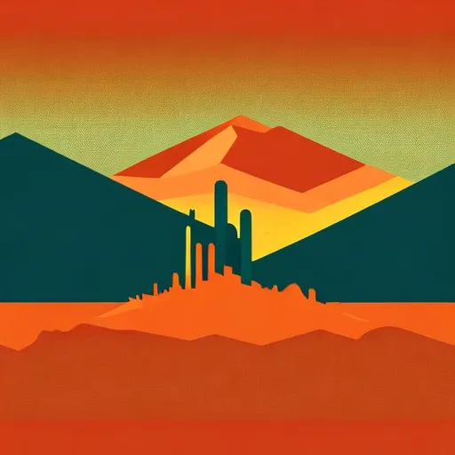 Prompt: Logo graphic that is representative of the Tucson Arizona. Minimalist, modern, professional. Red tones, orange tones, yellow tones, teal tones. 