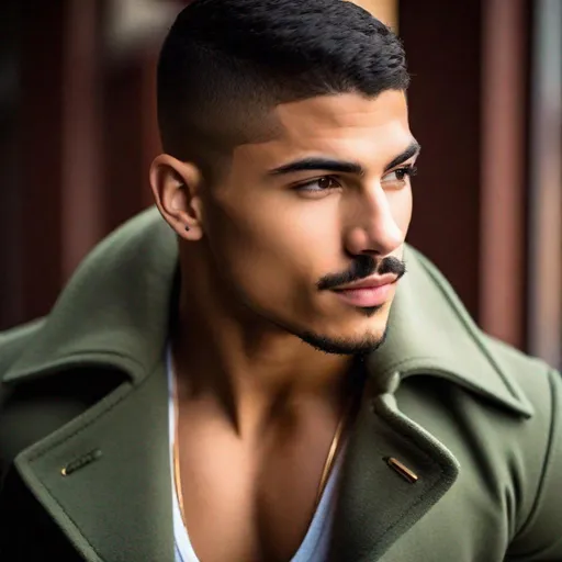 Prompt: Pretty and muscular 20-year old Latino man, large muscles, buzz cut, thin mustache, wearing a tight pea coat, cool tones, natural lighting.