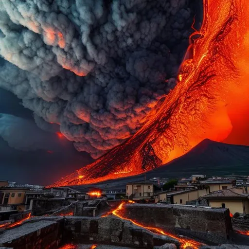 Prompt: mount Vesuviuse  italy Pompeii erupting with lava in dark storm 