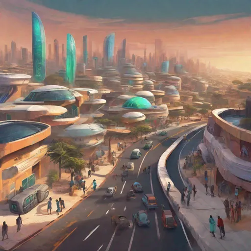Prompt: A digital painting of a winding road through a futuristic African city, with a group of people from diverse backgrounds and generations working together on AI projects.