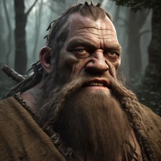 Prompt: photorealistic portrait of a ugly brutal giant man,  cloth around the head covering the right eye, wild short beard, adventurer, black hair, medieval fantasy setting, standing in the woods, natural lighting,