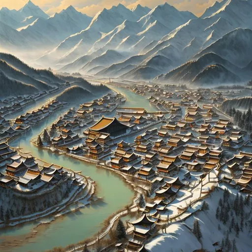 Prompt: archaic Chinese village, a highly detailed and professional illustration of a landscape by (Martin Springett), snow-covered peaks, river, lake, +Hdr, +16k, +closeup, +high contrast, +high sharpness, +photorealistic, +vivid colors, +harsh lighting,