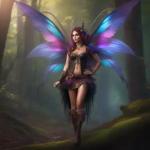 Prompt: Epic. Cinematic. Shes a colorful, Steam Punk, gothic, witch. ((distinct)) Winged fairy, with a skimpy, ((colorful)), gossamer, flowing outfit, standing in a forest by a village. ((Wide angle)). Detailed Illustration. 8k.  Full body in shot. (Hyper real painting). Photo real. A ((beautiful)), very shapely, woman with ((anatomically real hands)), and ((vivid)) colorful, ((bright)) eyes. A ((pristine)) Halloween night. (Concept style art). 