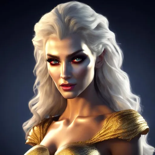 Prompt: HD 4k 3D 8k professional modeling photo hyper realistic beautiful evil demon woman ethereal greek goddess of strife
straight white hair hazel eyes gorgeous face fair skin beautiful dark gown holding a golden apple full body surrounded by magical glowing light hd landscape background standing under a large tree 