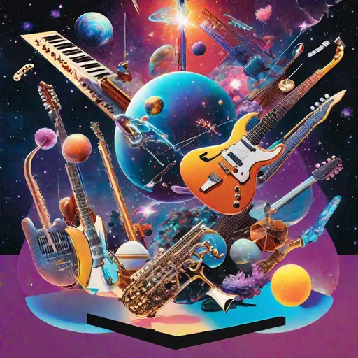 Prompt: An album cover featuring a surreal collage of musical instruments floating in space. At the center is a vibrantly colored electric guitar hovering over a crystal planet. Surrounding it are a theremin, saxophone, synthesizers, and other instruments glowing against a starry nebula backdrop. Warm spotlights illuminate each object in a dramatic fashion. By James Jean in a retro vaporwave style. ((Nebula background)) ((Glowing instruments))