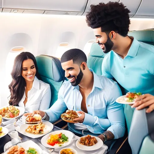 Prompt: drake, as a passenger, enjoys airplane food with his girlfriend