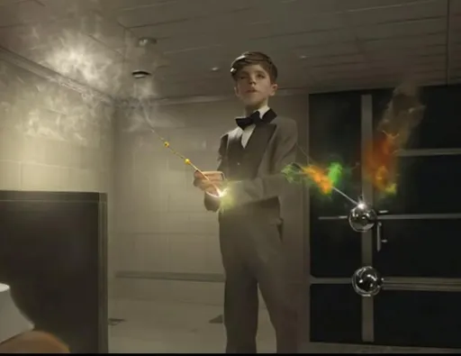 Prompt: 13 year old boy in a tuxedo uses his magic wand to cast a crazy magic spell on a person inside a restroom stall. Make only the boy in the tuxedo with his magic wand and the outside of the bathroom stall with magic flying out of it all over the place