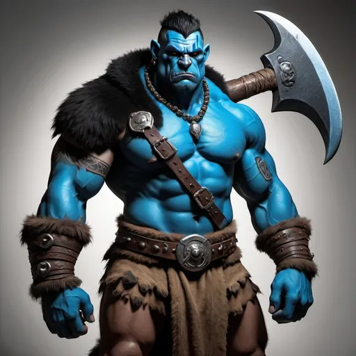 Prompt: Muscular Half-Orc Barbarian with black mohawk haircut and a huge bear tattoo on his right shoulder. Wears a blue-bear-skin cloak and a bear-claw necklace. Holding a massive double-headed axe