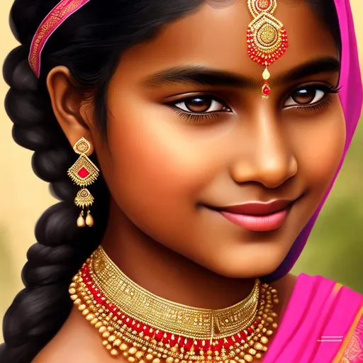 Prompt: This hyper-realistic portrait of a beautiful Indian village girl with a bindi is a stunning piece of art that captures the cultural richness and natural beauty of the subject with unmatched detail and precision, showcasing the talent and skill of the artist in creating high-quality, trending artwork that would be a standout on platforms like ArtStation.