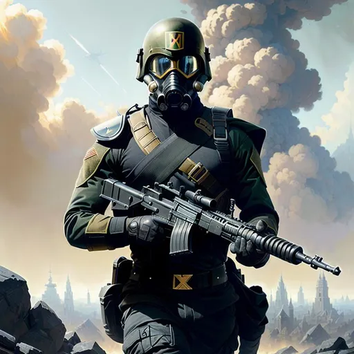 Prompt:  male soldier, black uniform with gas mask black,  running, masterpiece painting with detailed face, full body 4k, trending on artstation, octane render, art by artgerm and greg rutkowski and alphonse mucha and craig mullins and James Jean and Andrei Riabovitchev and Marc Simonetti and peter mohrbacher

