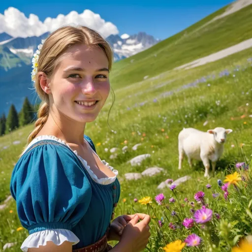 Prompt: Close up view, An 18-year-old ((Swiss Milkmaid)), (slim, cute, bright, happy), detailed face, walking through a vibrant summertime alpine meadow, lush green grass dotted with colorful wildflowers, deep in background are fluffy white sheep grazing in the background, contrasting deep azure sky, warm sunlight bathing the scene, serene and joyful atmosphere, (highly detailed, ultra-detailed, 4K), showcasing the beauty of nature and pastoral life.