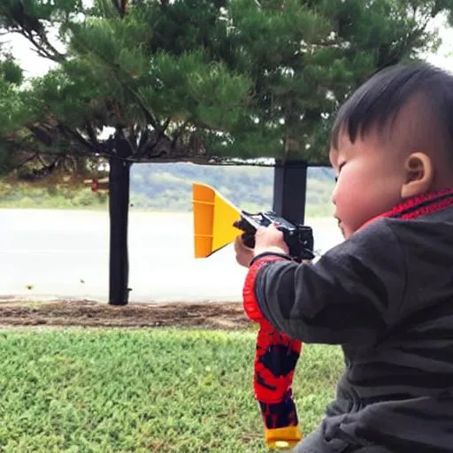 Prompt: asian baby shooting a air plane flying by a target next to old man