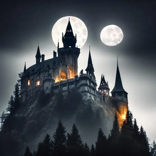 Prompt: foggy intricate gothic castle on a mountain top under the full moon moody dark setting 