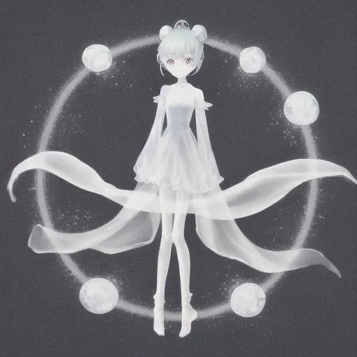 Prompt: an elegant ghost girl with space buns with a full body proportion with little ghosts in the background  