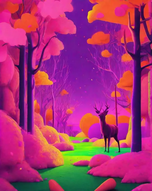 Prompt: A surreal digital illustration of objects in clashing fluorescent color combinations that don't exist in real life - pink trees underneath a green sky populated by purple deer, bright yellow leaves blowing in an orange wind. The colors are highly saturated and imaginative.