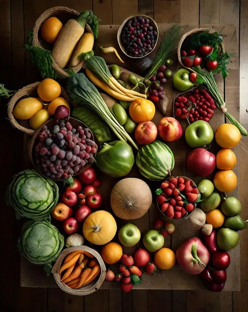 Prompt: Overhead view of a bountiful farmers market display of colorful fruits and vegetables on a reclaimed wood table. Natural soft light illuminates the organic produce. Shot on medium format camera. Fresh, ethical, seasonal.