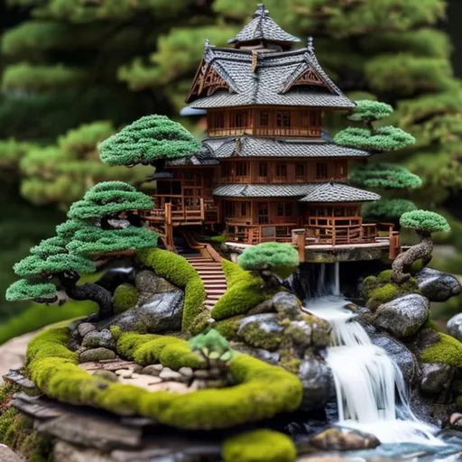 Prompt: tiny wooden castle surrounded by juniper bonsai trees, waterfall, rocks, walking path