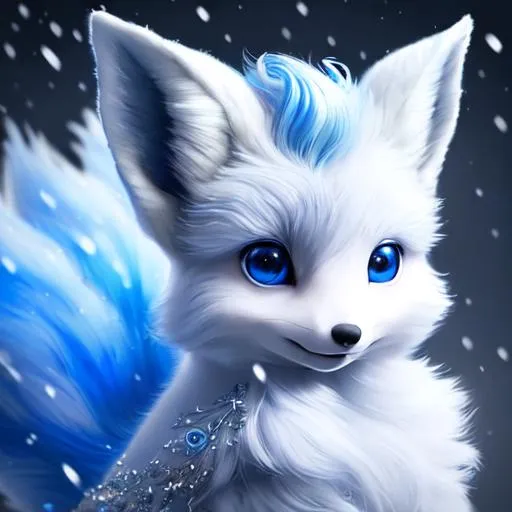 Prompt: Portrait of {a beautiful vulpix} with {blue} hair and with cute face, beautiful innocent eyes, delicate wings, {winter wonderland}, perfect composition, hyperrealistic, super detailed, 8k, high quality, trending art, trending on artstation, sharp focus, studio photo, intricate details, highly detailed