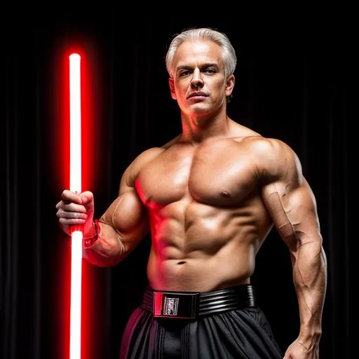 Prompt: depict young blonde haired Chancellor Palpatine as a body builder with a red lightsaber using best practices