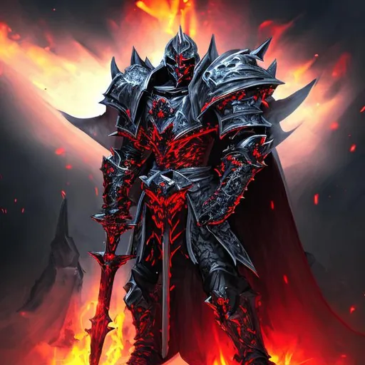 Prompt: Evil knight with black armor, flames, and a glowing, red sword
