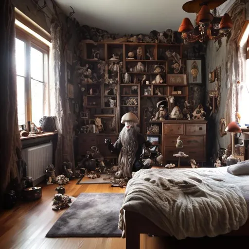 Prompt: create a room with mushroom supplemental everywhere a muscular wizard concocts in the corner the room emulates howls moving castle master bedroom
