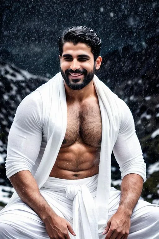 Prompt: a scene of ("eyes closed"  lost in god),"haryana hyperreal handsome rugged muscle boy" in "hyperreal stormy snow mountain", smile, "white shawl dhoti",chest, hyperreal, sitting, arena, perfect composition, hyperrealistic, super detailed, 8k, high quality, trending art, trending on artstation, sharp focus, studio photo, intricate details, highly detailed, by greg rutkowski
