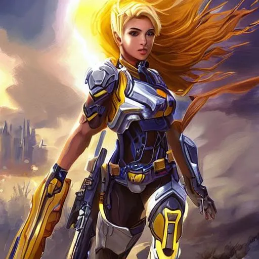 Prompt: Cute girl, 16 years old, sleeveless, blonde hair, tan body, battlefield, ethereal, yellow mech suit, stunning, royal vibe, highly detailed, digital painting, HD quality, tan skin,artgerm