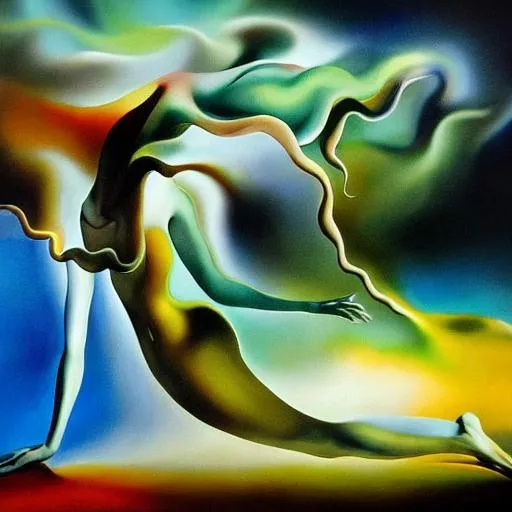 Prompt: Dancers emerging out of primordial soup, surreal medium, swirling fluidity, high-contrast, Dali-inspired, fluid movements, dreamlike, imaginative, abstract, detailed figures, surreal colors, intense lighting, oil painting, surrealism, dreamy, flowing forms, high quality, surreal, intense shadows, vibrant colors, artistic, dynamic