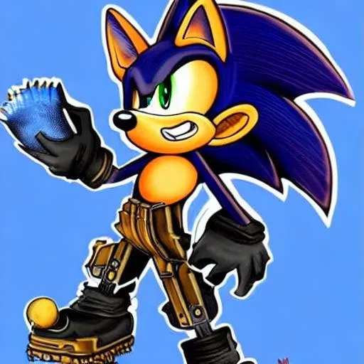Prompt: steampunk sonic the hedgehog with gears