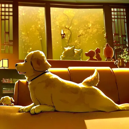 Prompt: We see a cozy living room with a large couch, a coffee table, and a few scattered toys. The room is bathed in warm, golden light, suggesting that it's late afternoon or early evening. The atmosphere is quiet and peaceful, with a sense of tranquility and stillness.

In the middle of the room, we see a dog, named MAX, lying on the couch. Max is a large golden retriever, with soft fur and big, soulful eyes. He looks relaxed and content, with his head resting on a cushion and his paws tucked under his body.