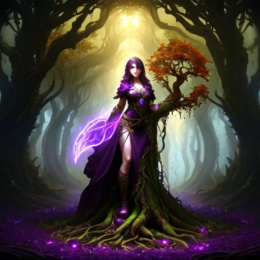 Prompt: Vines growing from a Druids heart through her body into a dead tree brining it back to life, a masterpiece, dark fantasy concept art, dynamic lighting, hyperdetailed, intricately detailed, Splash screen art, deep color, Unreal Engine, volumetric lighting, Alphonse Mucha, Jordan Grimmer, purple and yellow complementary colours