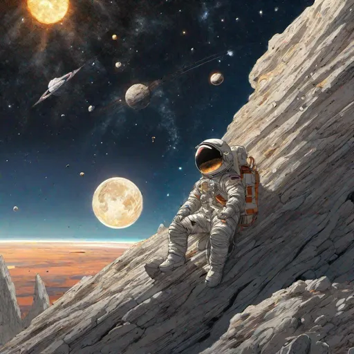 Prompt: astronaut sitting on a floating rock in space, comets flying in the background, sun and moon coming together creating a small explosion, highly detailed, hd, hayao  miyazaki
