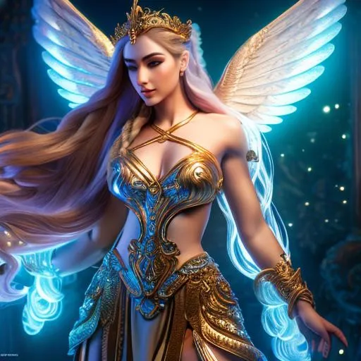 Prompt: Gorgeous, stunning, beautiful, otherworldly toned muscular angelic aasimar goddess with long braided hair wearing ancient fantasy clothing, elegant posing, full body, centered, fantasy setting, character concept, cinematic, colorful background, concept art, dramatic lighting, highly detailed, hyper realistic, intricate sharp details, octane render, smooth, studio lighting, trending on art station, 8k, HDR, unreal engine, emotive, cgi, animated, character art, iridescent, metallic, epic fantasy, dark fantasy, 3D game