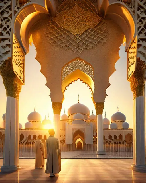 Prompt: The intricate latticework exterior of a grand mosque glows golden in the evening light. People gather at the entrance beneath soaring minarets. Wide landscape view captures modern architecture against an ancient city skyline. ,Rococo style, Rococo hairstyles, Rococo costumes, Rococo architecture, Rococo period 