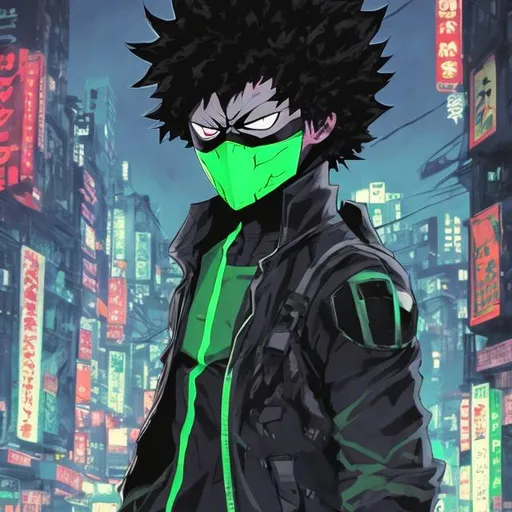 Prompt:  Accurate masked vigilante deku. Very Dark image with lots of shadows. Neon green accents. Background partially destroyed neo Tokyo. Noir anime. Tattered clothes. Tired. Evil