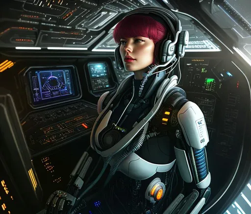 Prompt: a cyborg in a spaceship cockpit , ghost in the shell, high details, realistic, professionally colour graded, photorealism, 8k, pixiv, tumblr, instagram, deviantart, art by sakimi chan