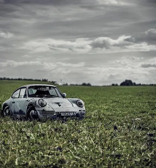 Prompt: abandoned porsche in field 