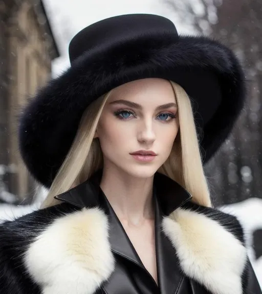 Prompt: 64K UHD HDR Realistic Detailed Oil Painting of Enikő Muri wearing a long black coat trimmed with white fur. High Black Pillbox-Type Hat. Shoulder-Length Blonde Hair. Light Yellow Eyes.