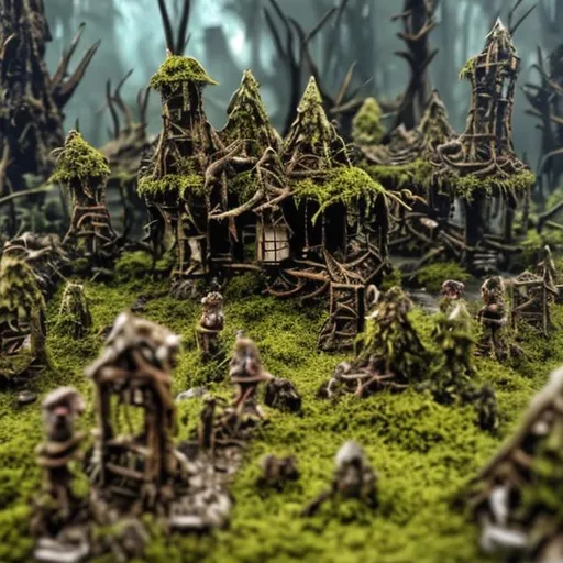 Prompt: Gnoll Zombie jungle camp covered in white moss and rot