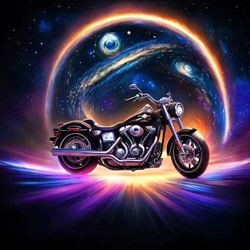 Prompt: An epic fantastic realism comic book style painting of the most beautiful spinning 2011 DYNA WIDE GLIDE, launched across the dark and starry night sky,  fisheye, unreal 5, DAZ, hyperrealistic, octane render, dynamic lighting